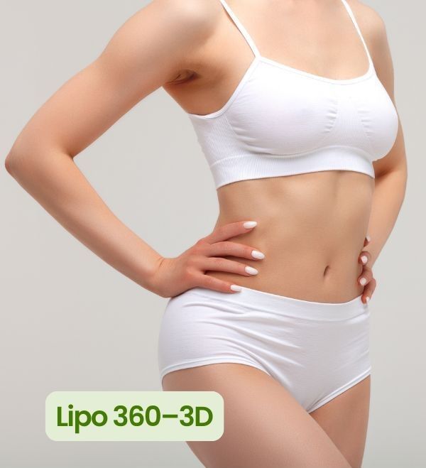 Woman's torso with dashed lines and arrows indicating liposuction areas on abdomen and thighs.