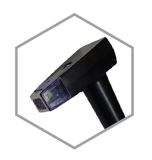 image of a black Morpheus8 medical tool with purple glow at tip.