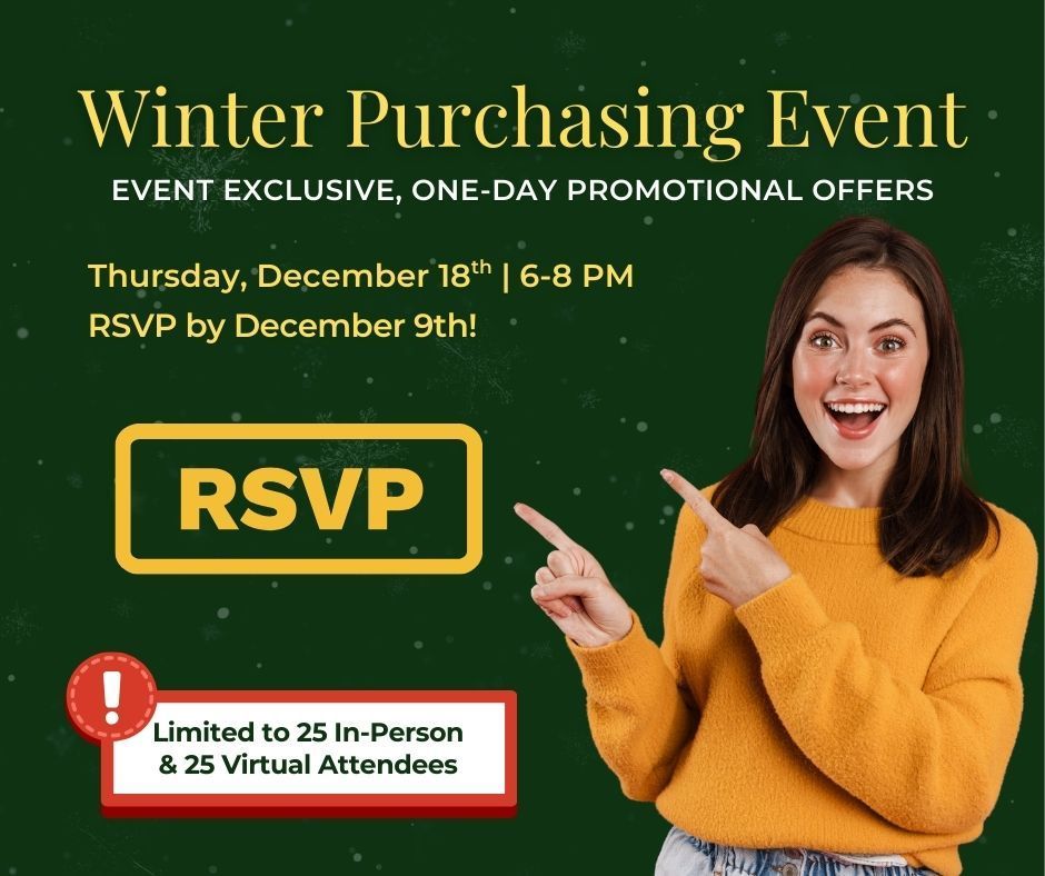 Winter purchasing event announcement: Woman pointing at RSVP button, green background, event on December 18th.