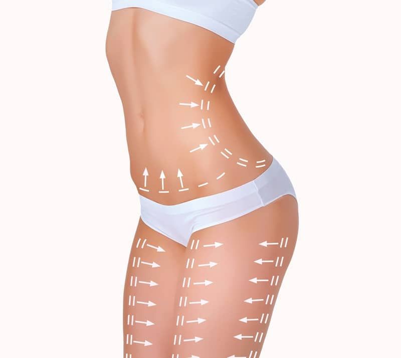 a woman in white underwear has arrows drawn on her torso and legs