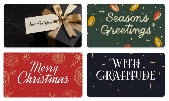 Four holiday-themed gift card designs: gift box, 