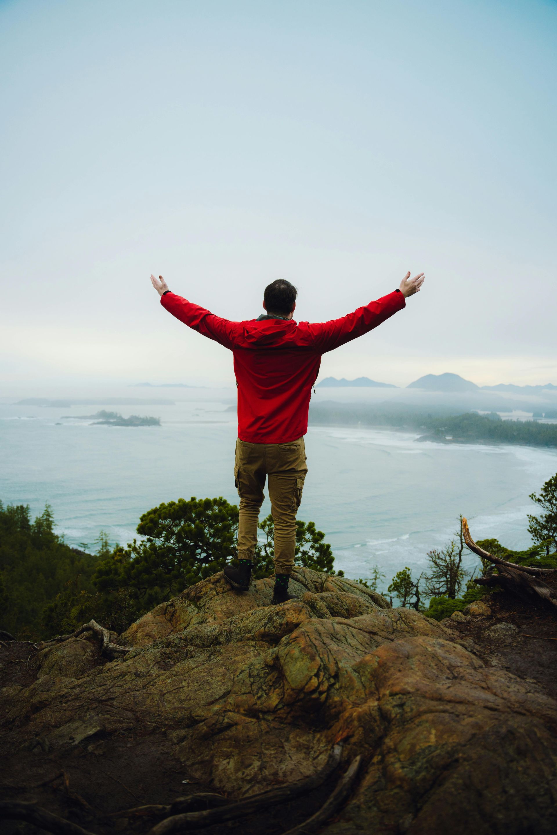 Person with arms outstretched on cliff overlooking ocean and coastline.