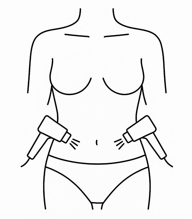 Woman receiving body sculpting treatment on her waist using handheld devices.