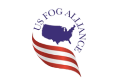 Logo for the US Fog Alliance. A blue map of the United States is centered above a red and white ribbon-like design.
