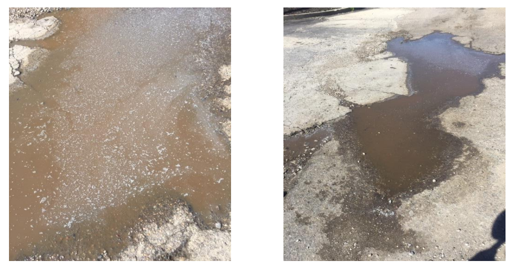 Two pictures of a puddle of water on the ground.