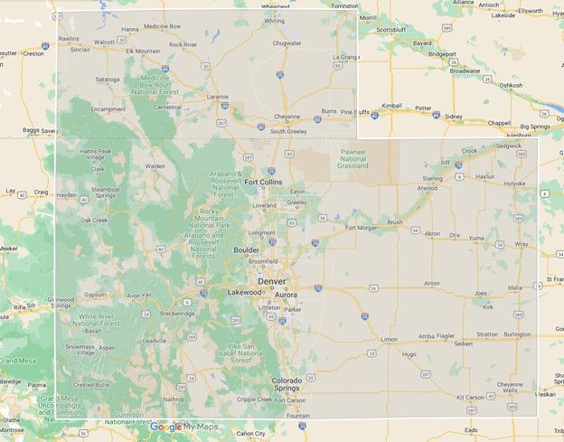 Map of Colorado overlaid on a larger map, with towns and highways visible. The state's outline is highlighted.