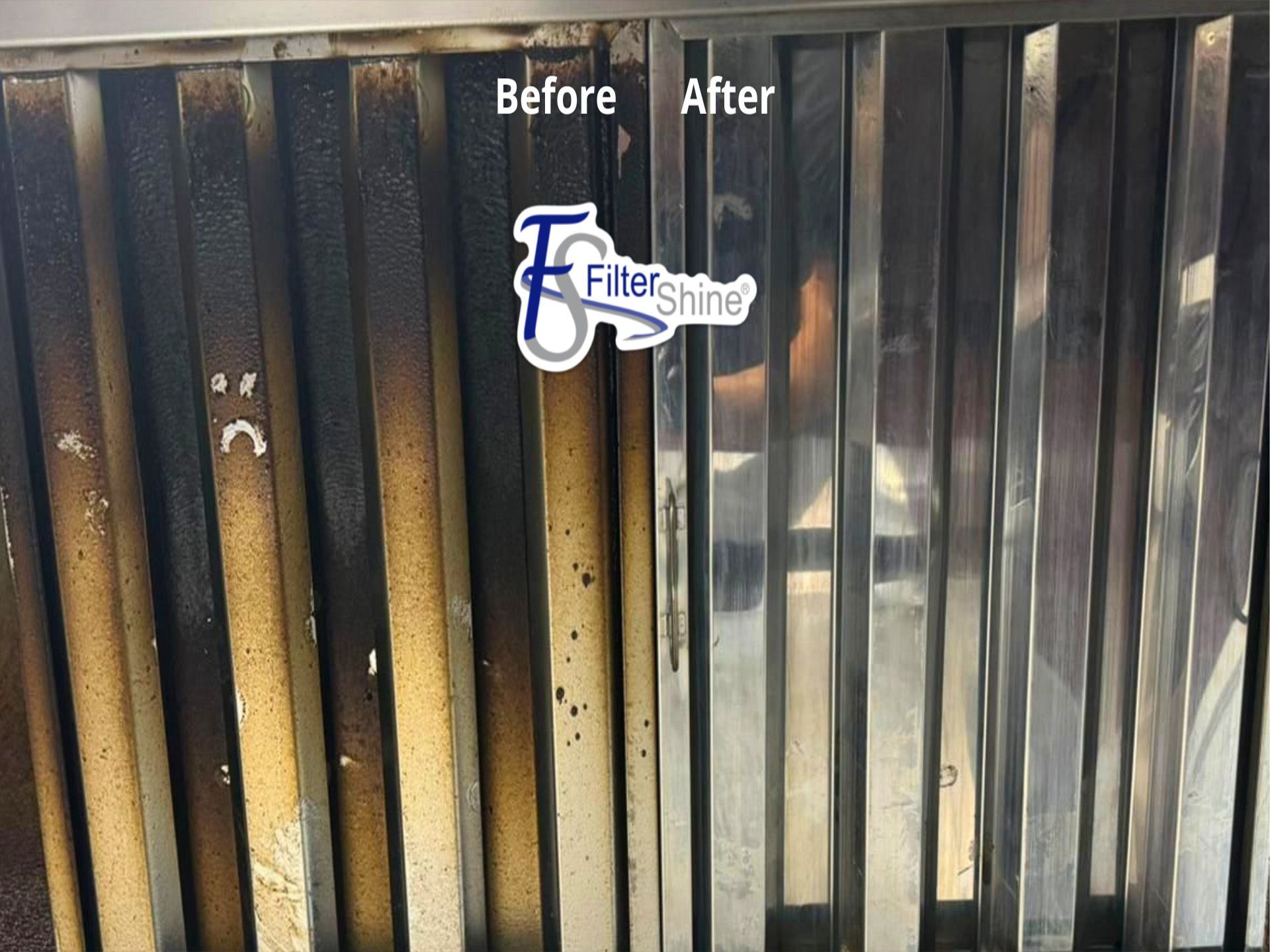 A before and after picture of a stainless steel grille