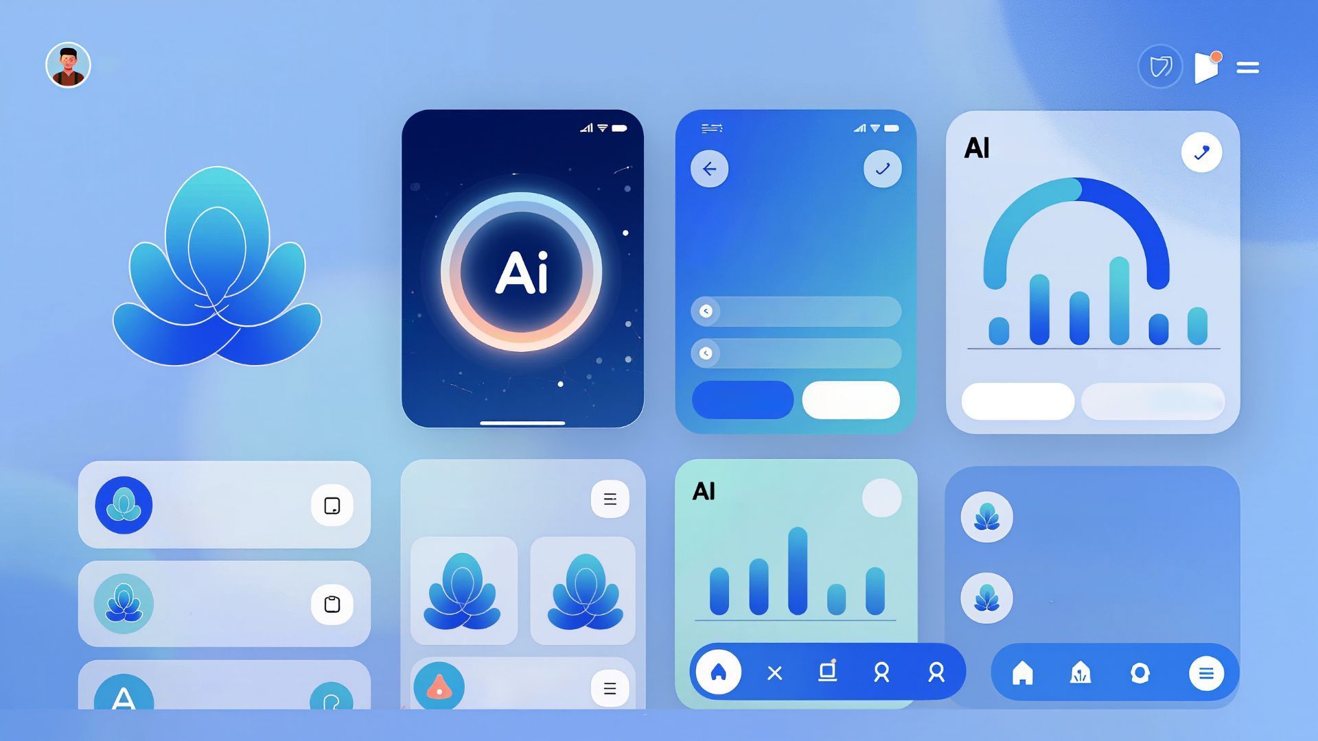 Interface à dominante bleue avec divers widgets d'applications d'IA arborant un logo en forme de lotus.