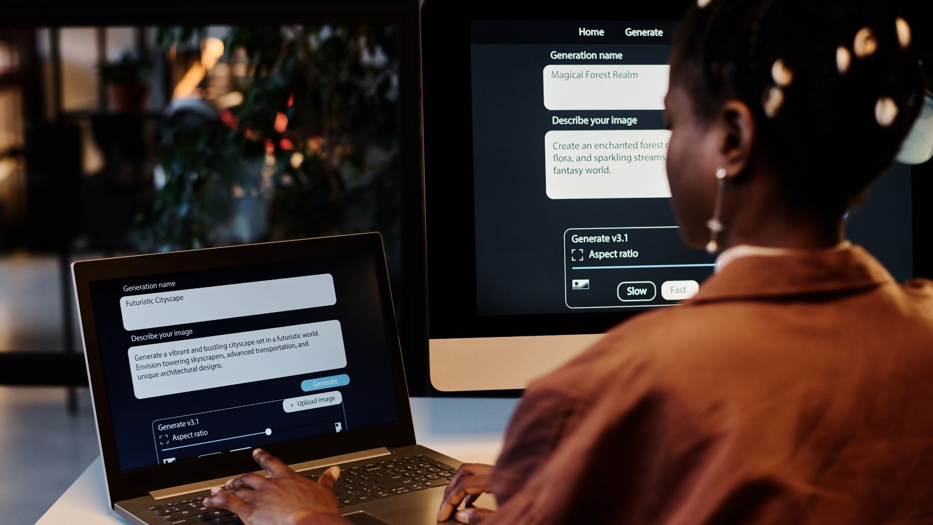Femme utilisant un ordinateur portable et un écran, tous deux affichant des champs de texte, dans un bureau faiblement éclairé.