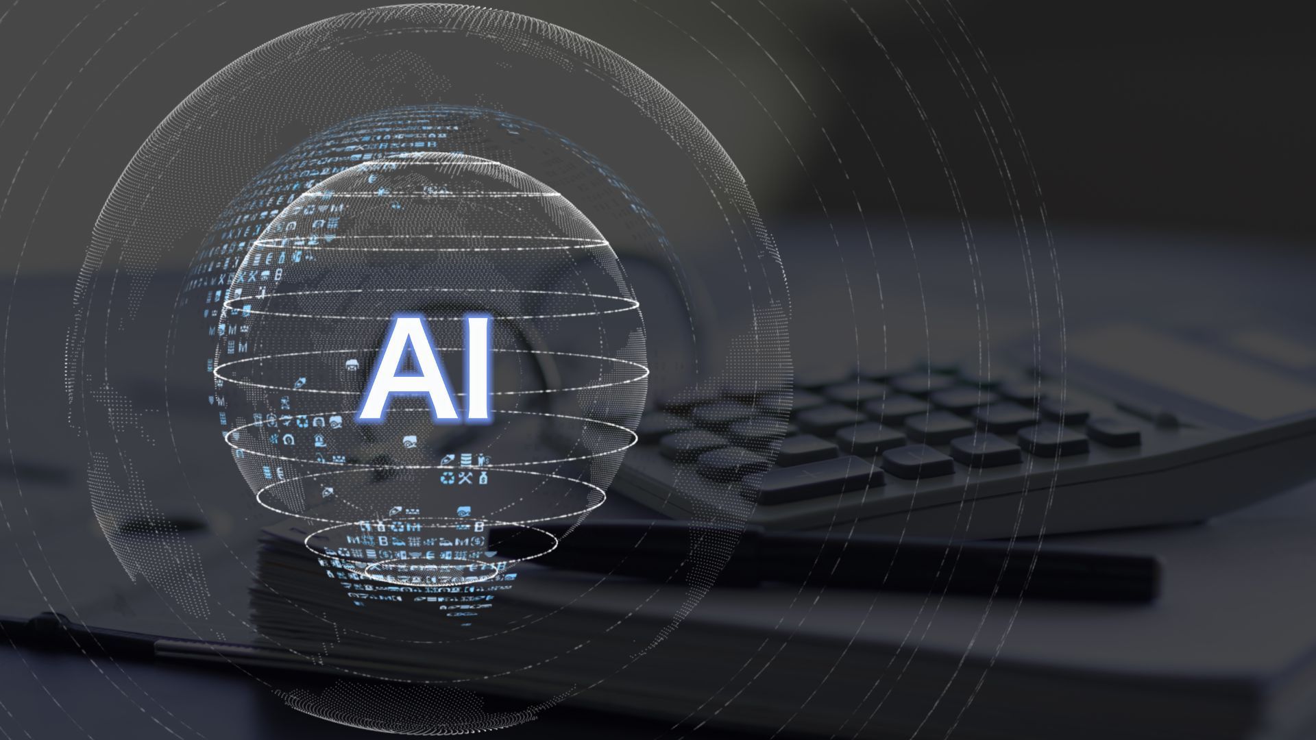 Sphère d'IA superposant une calculatrice, un stylo et un carnet.