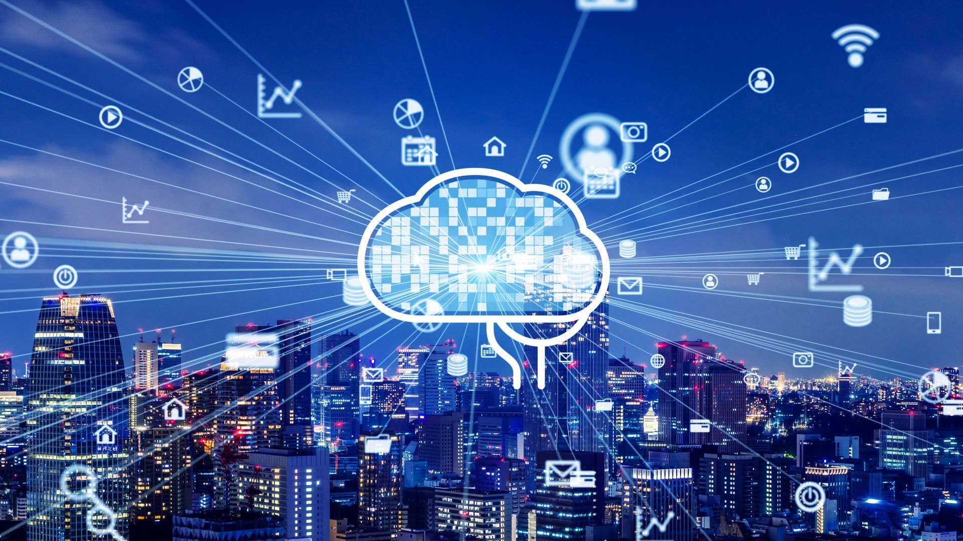 Graphique de nuages ​​au-dessus de la ville la nuit, avec des flux de données reliant les bâtiments et diverses icônes intégrées.