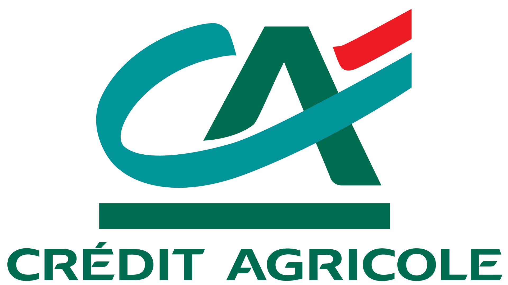 Logo Crédit Agricole : initiales stylisées turquoise et vertes « CA » avec un accent rouge, au-dessus des mots « CRÉDIT AGRICOLE ».
