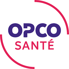 Logo OPCO Santé : texte violet sur fond blanc ; demi-cercle rose.