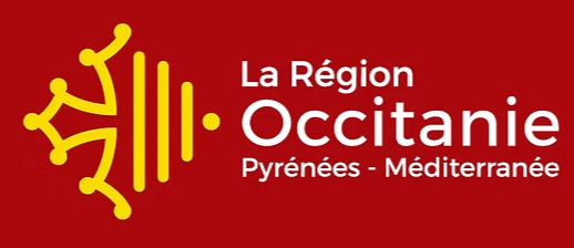 Logo de la région Occitanie, France, avec un emblème jaune sur fond rouge et un texte blanc.