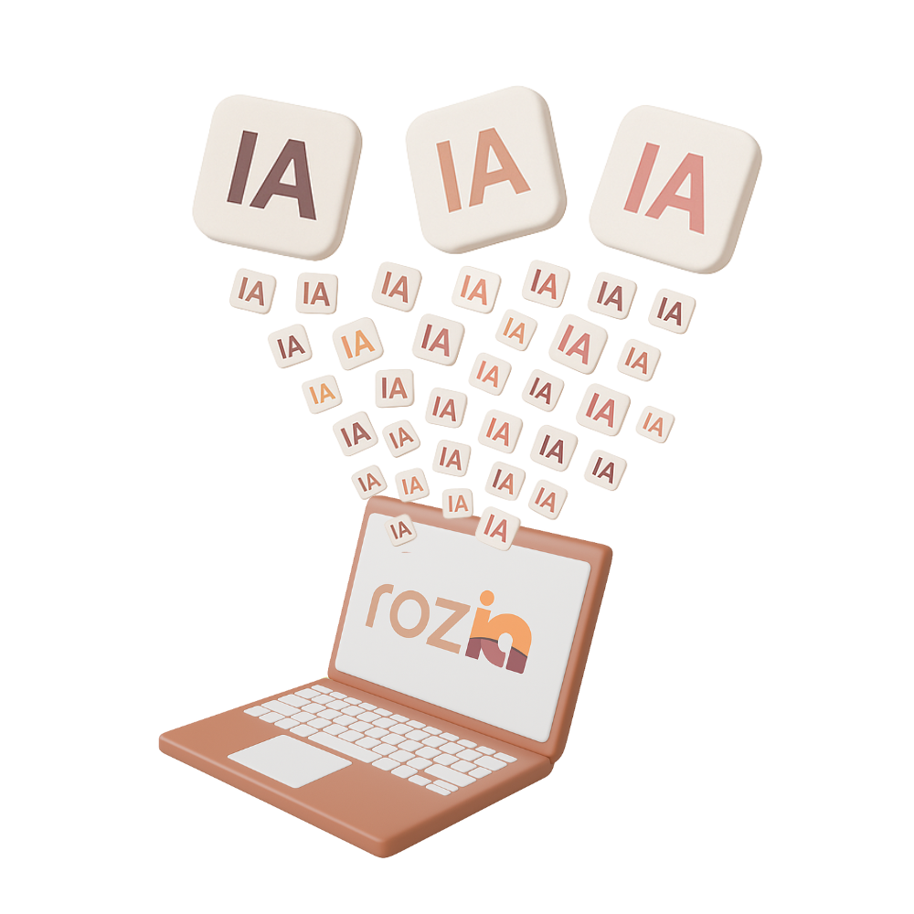 Ordinateur portable avec le logo « rozia » recevant des tuiles « IA ».