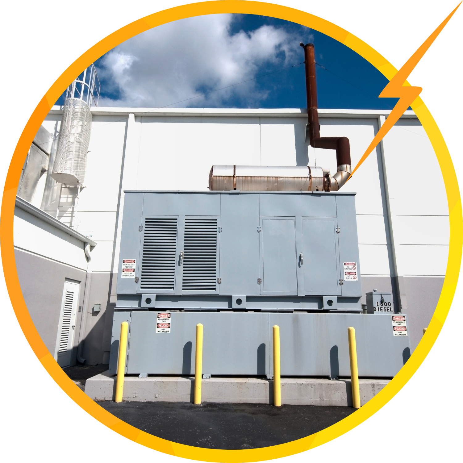 Backup generator outside a building, with an electric bolt icon overlay.