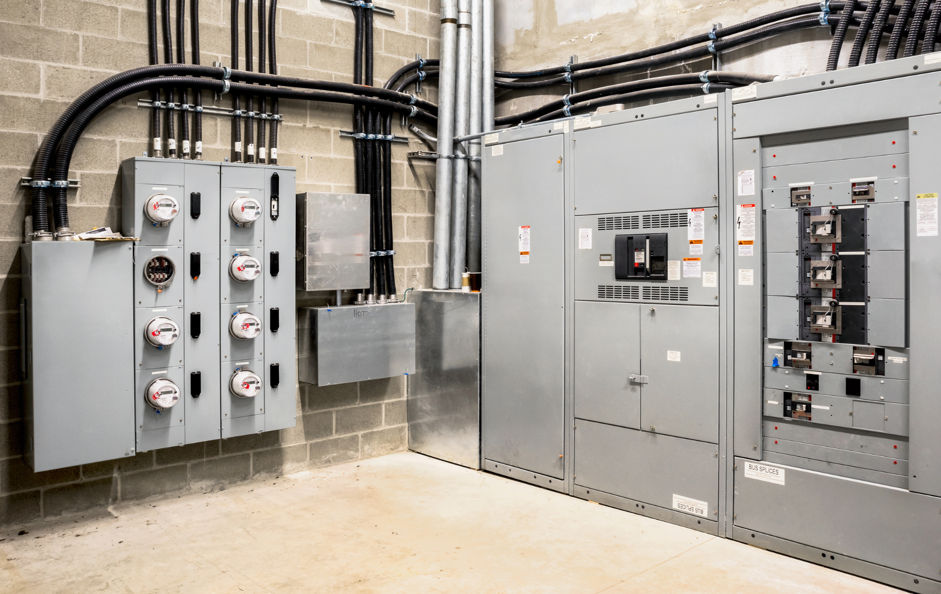 Electrical equipment room with gray panels, conduit, and meters.