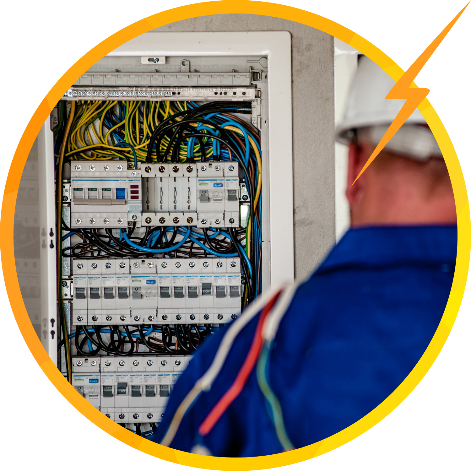 Electrician working on circuit breaker panel.