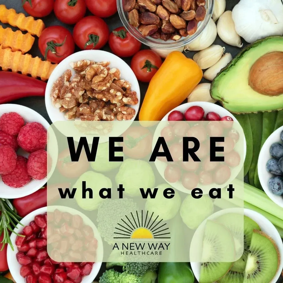 Fresh produce arranged around text: 