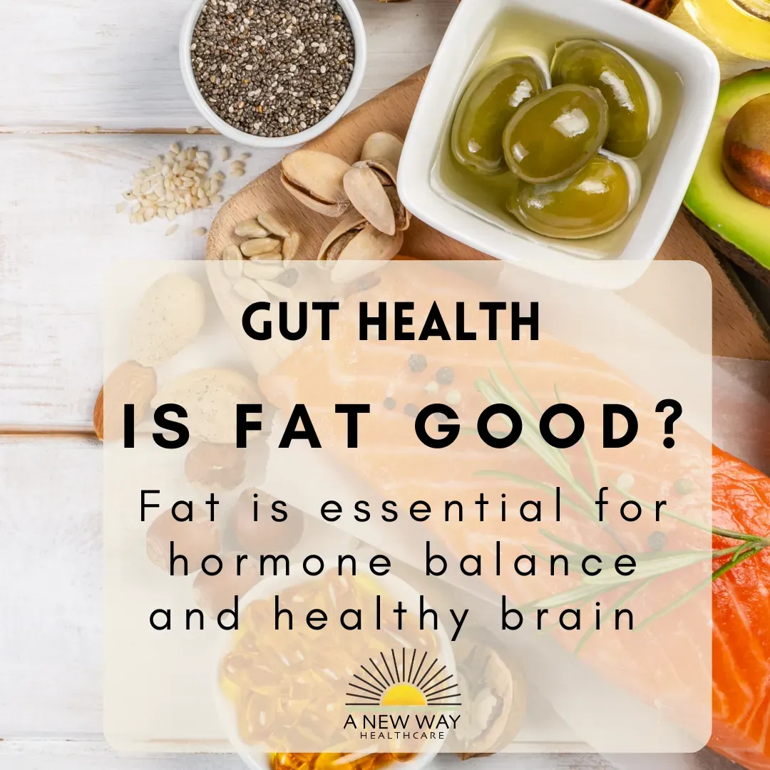 Foods like avocado, olives, and salmon. Text: 