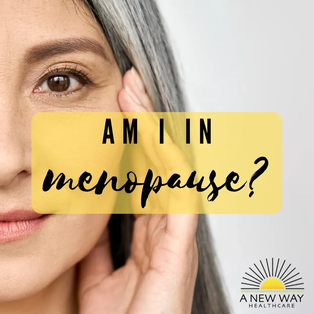 Woman touching face, with text 