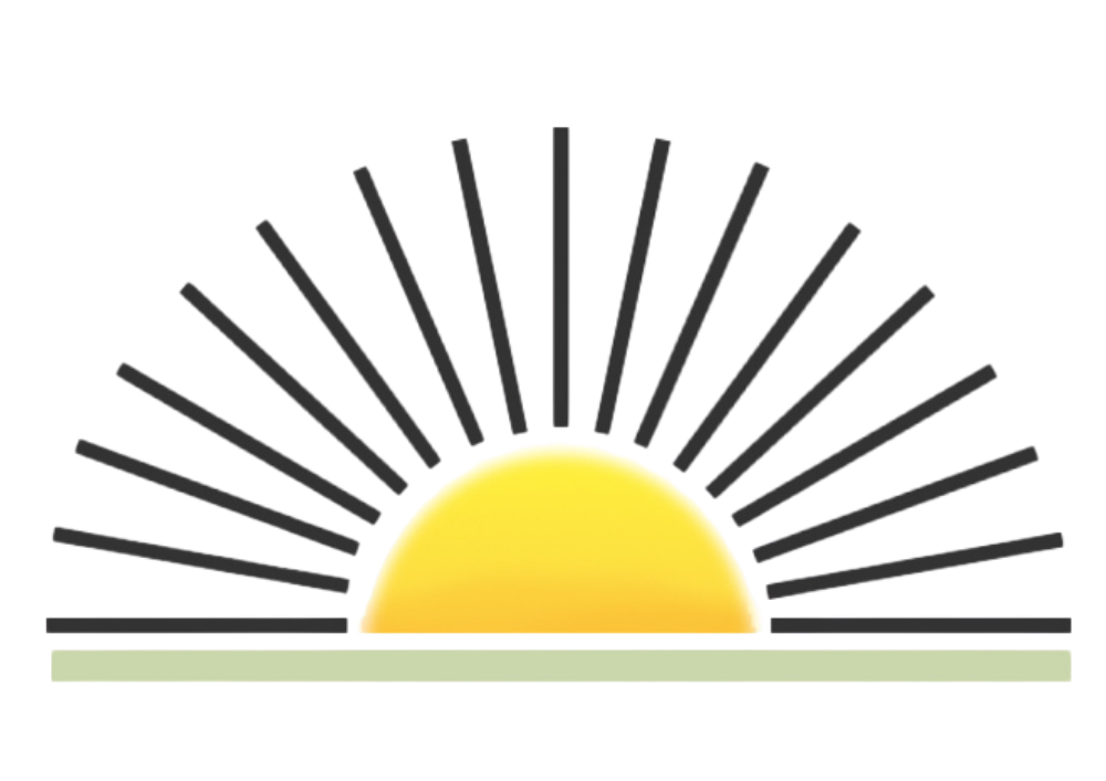 Yellow sun rising above a green horizontal line, with black rays.