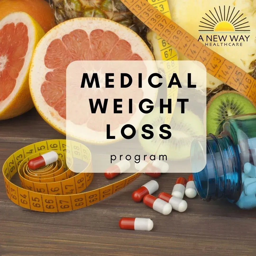 Medical weight loss program graphic: fruit, pills, measuring tape. 