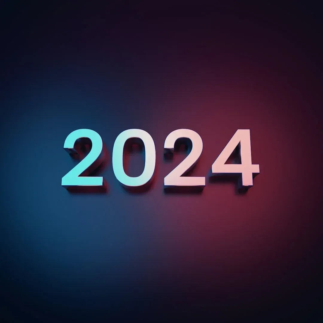 2024 in white text with blue and red gradient lighting on a dark background.