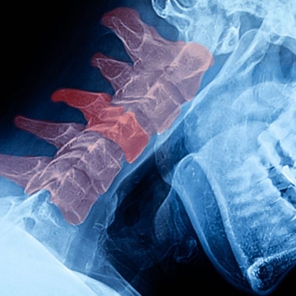 An x-ray of a person 's neck showing pain on the spine.