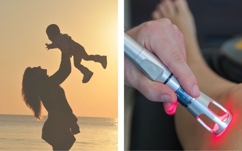 A silhouette of a woman holding a baby next to a person holding a laser, giving laser therapy