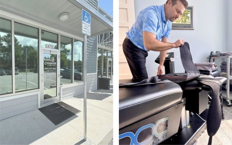 Murdock spine and wellness front door and Dr. Matt Murdock getting a chiropractic table ready