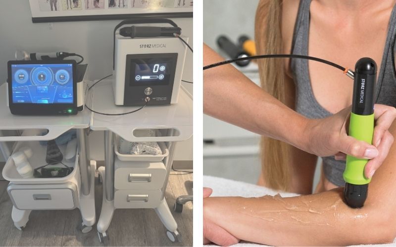 Shockwave therapy treatment device and provider performing shockwave therapy treatment on a patient’s elbow at Murdock Spine and Wellness in Santa Rosa Beach