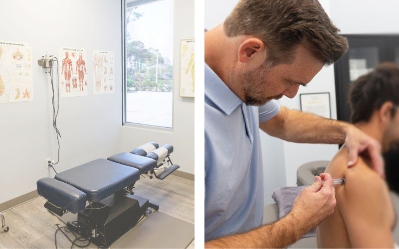 Treatment room in Murdock spine and wellness and Dr. Matt Murdock giving patient restorative injections