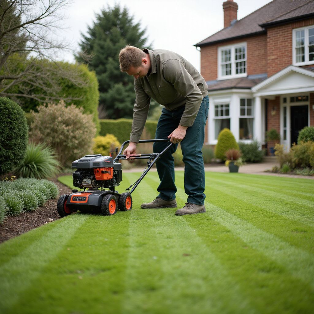 Man mowing a lawn with a striped pattern, suburban house in the background.