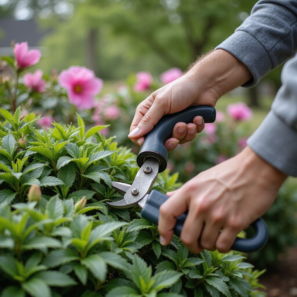 Person pruning a leafy green shrub with blue handled shears; pink flowers in background.
