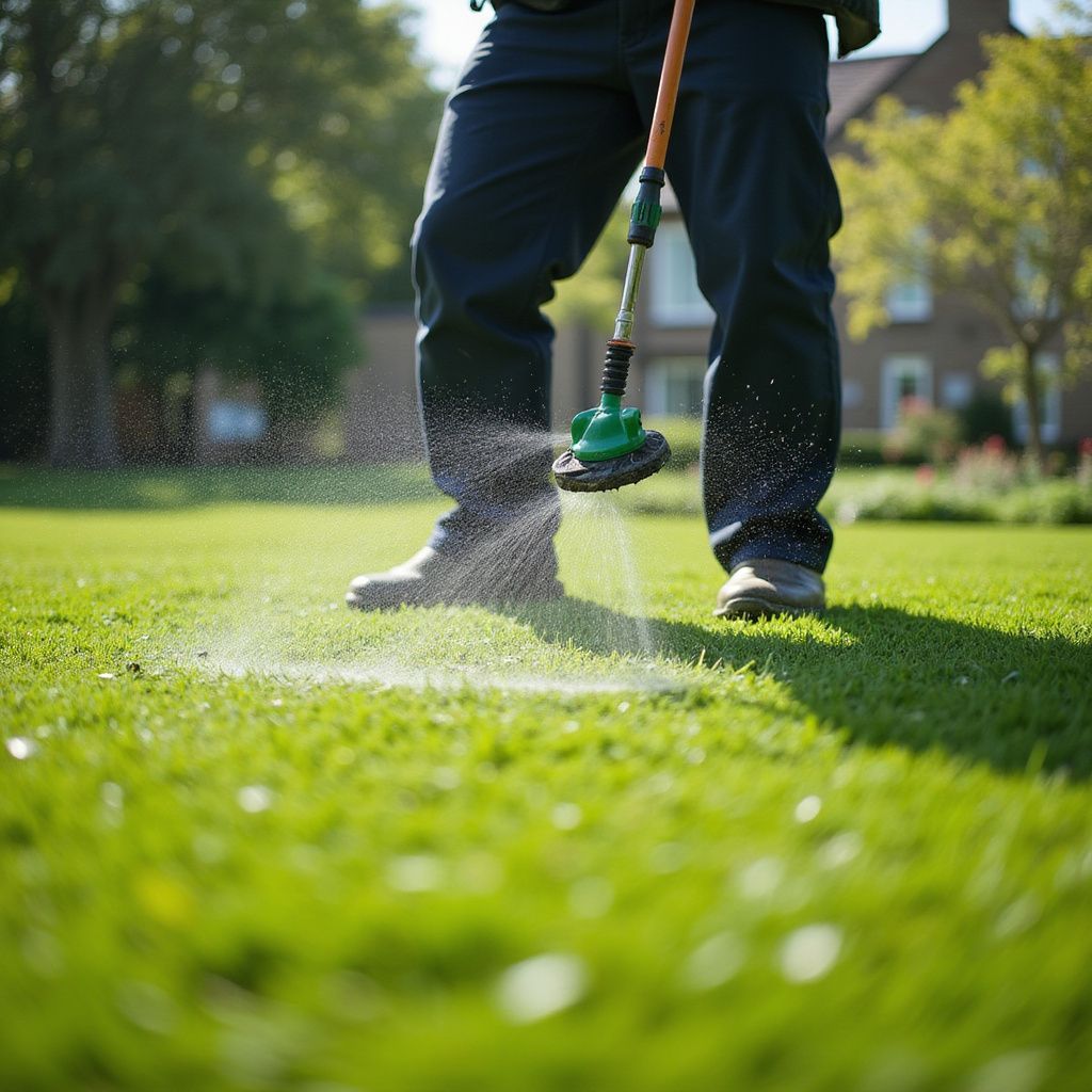 Person spraying lawn with a green sprayer, outdoors.