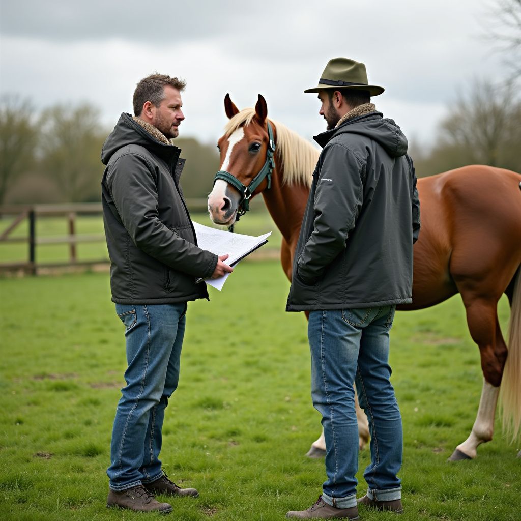 Two men in jackets and jeans reviewing papers near a brown horse in a green field.