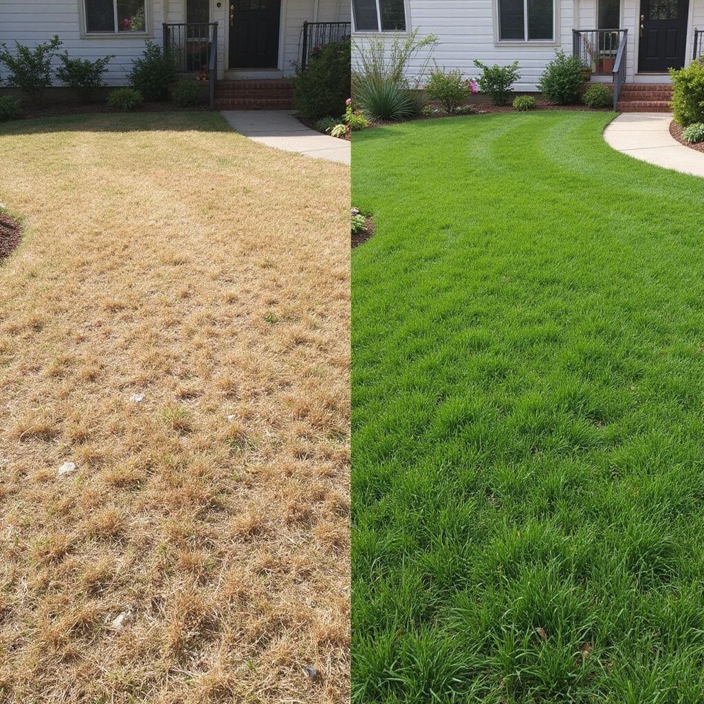 Comparison of dry, brown lawn (left) and healthy, green lawn (right) in front of a house.