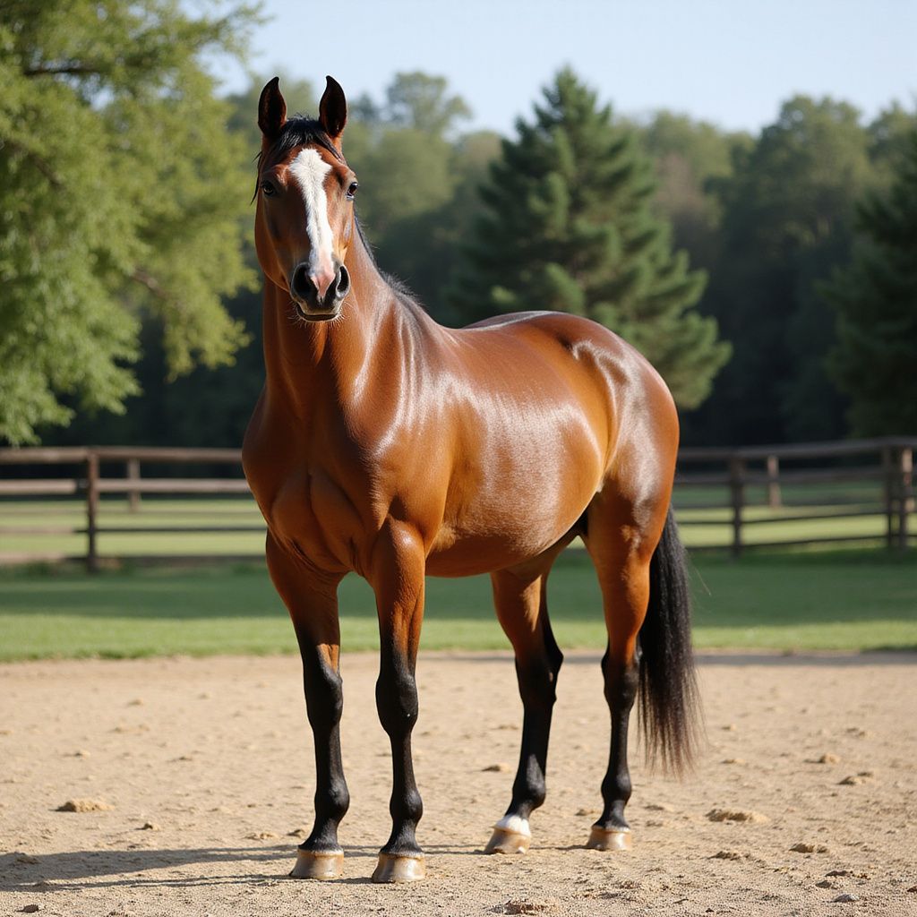 Brown horse with black legs, white face stripe, standing in a sandy enclosure.