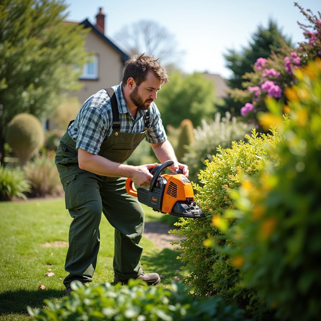 Man in overalls trimming a hedge with a power trimmer in a yard on a sunny day.