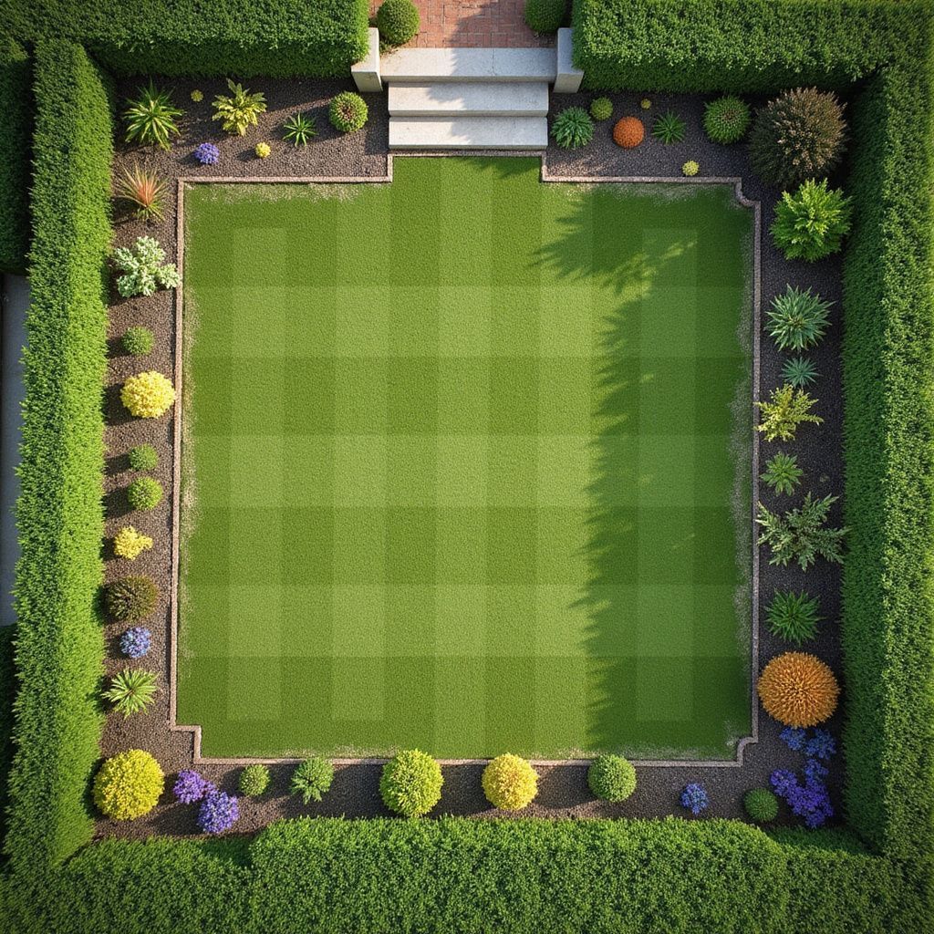 Overhead view of a square garden with a green lawn, surrounded by a hedge and flower beds.