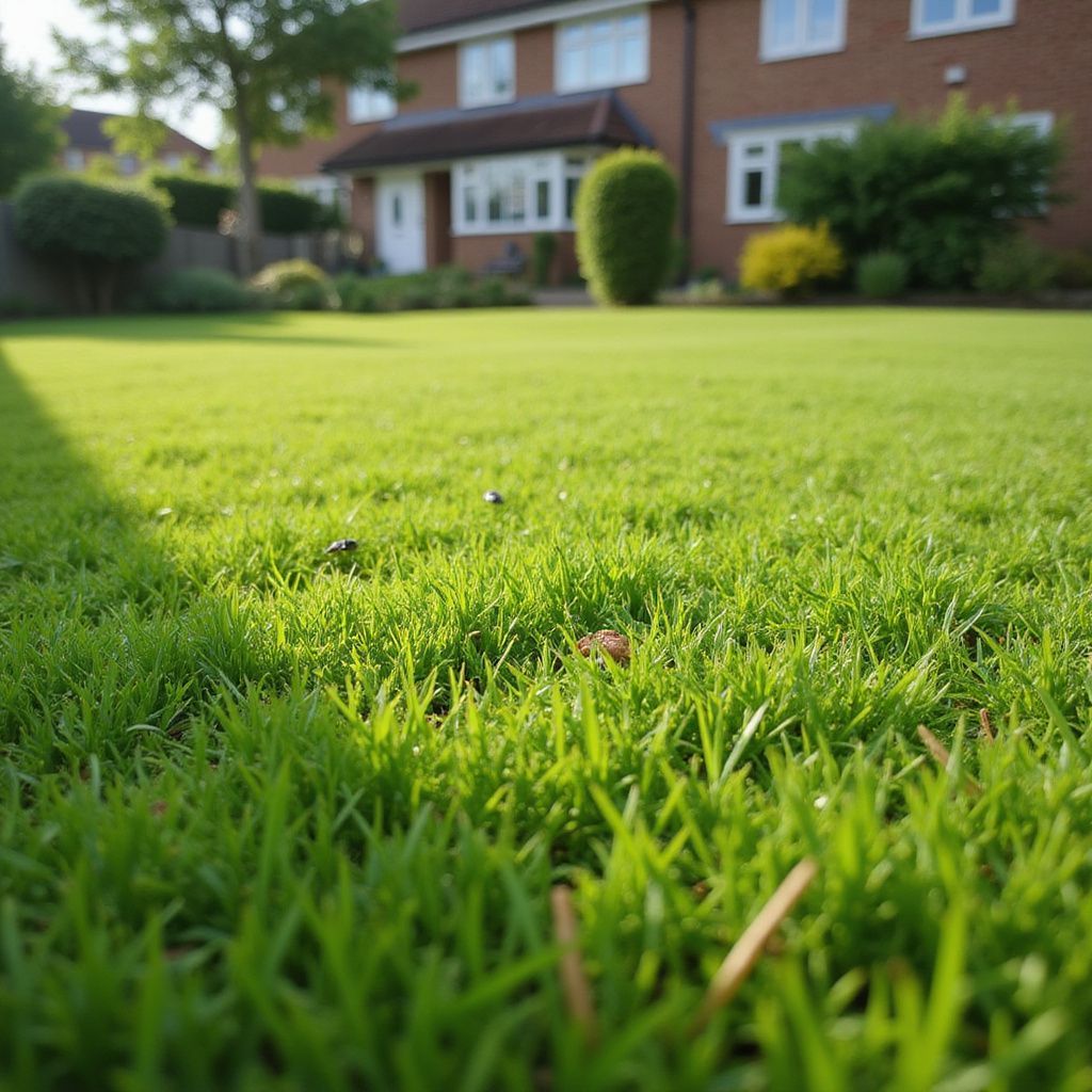 Close-up of bright green grass in front of a brick house with a well-kept lawn on a sunny day.