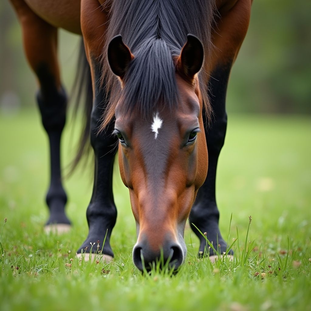 Bay horse grazing in a grassy field, head down, looking at the viewer.