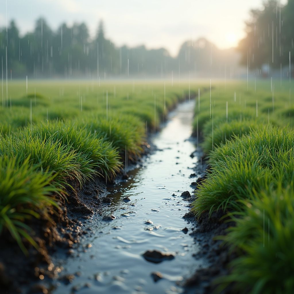 Rainy field with a stream running through it; lush green grass, water, and a blurred background.
