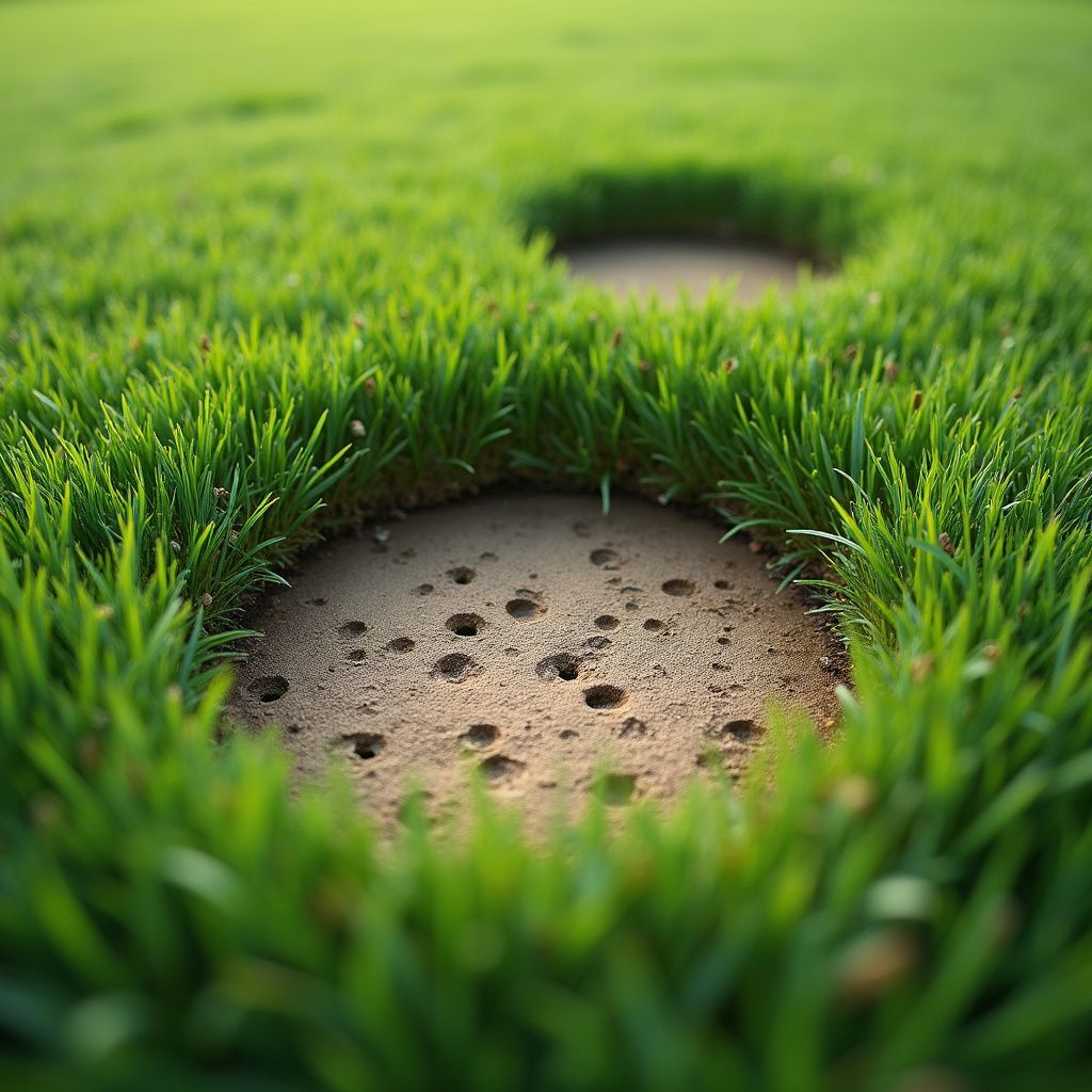 Two golf holes in green grass, viewed from a low angle.