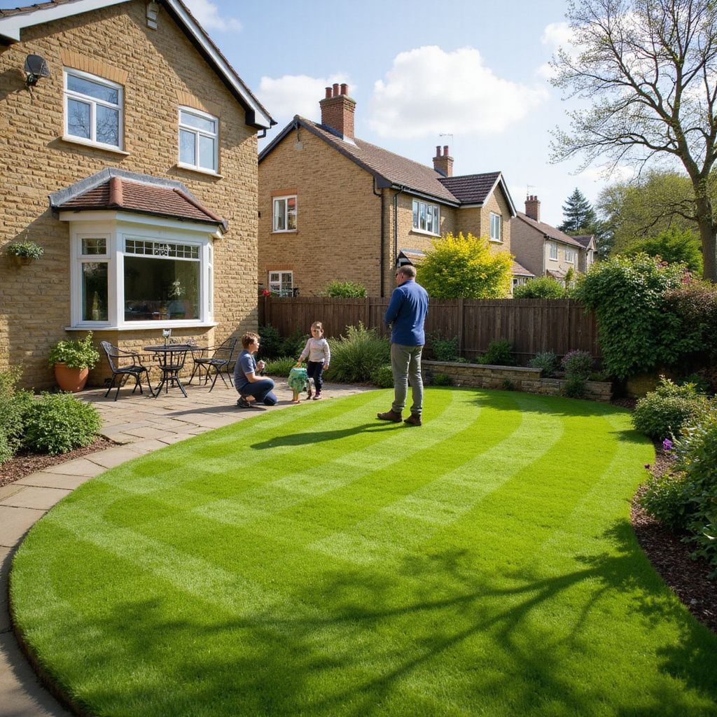 Family in a sunny backyard with a freshly mowed lawn.