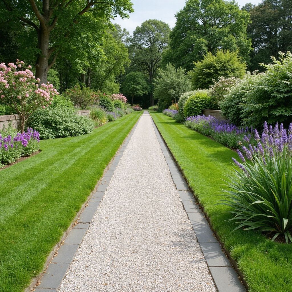 Gravel path flanked by green lawns and flowerbeds in a lush garden setting.