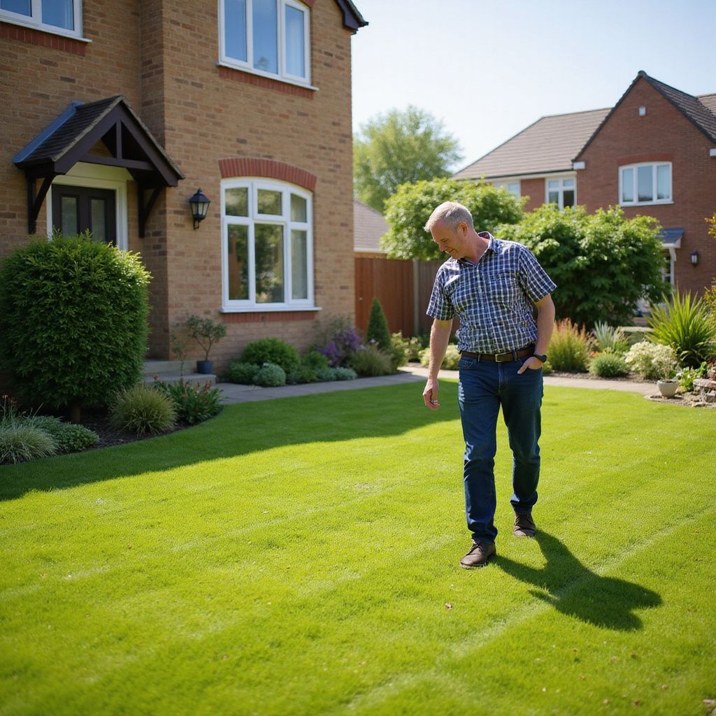 Man inspecting a freshly mowed lawn in front of a brick house on a sunny day.