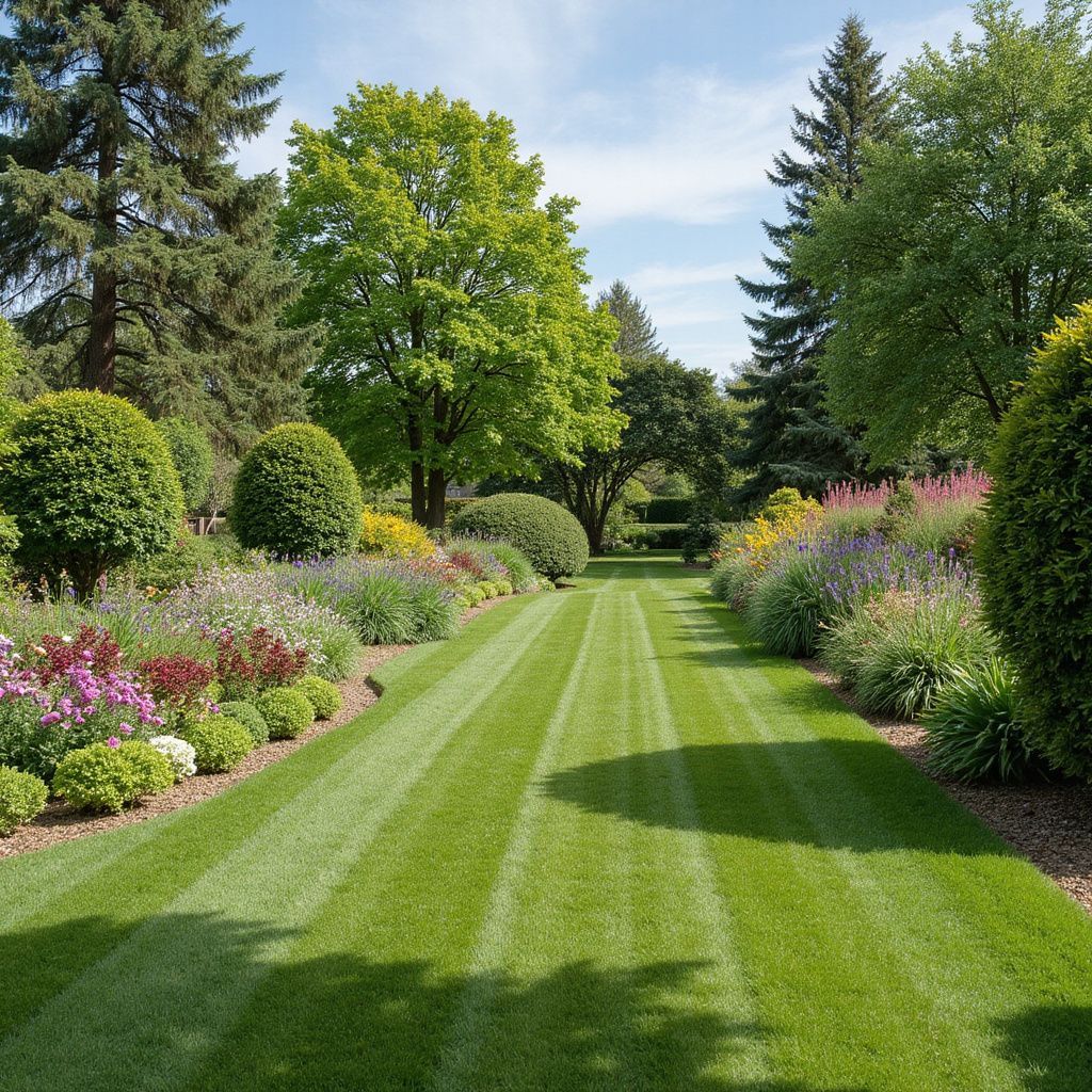 Lush green lawn path bordered by colorful flowerbeds in a sunny garden.