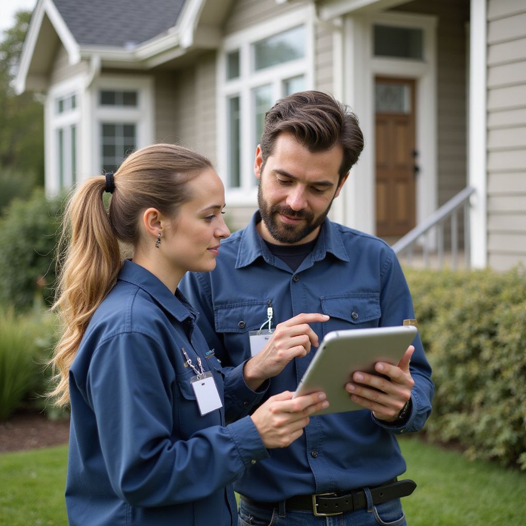 Two people in blue work uniforms, looking at a tablet in front of a house.